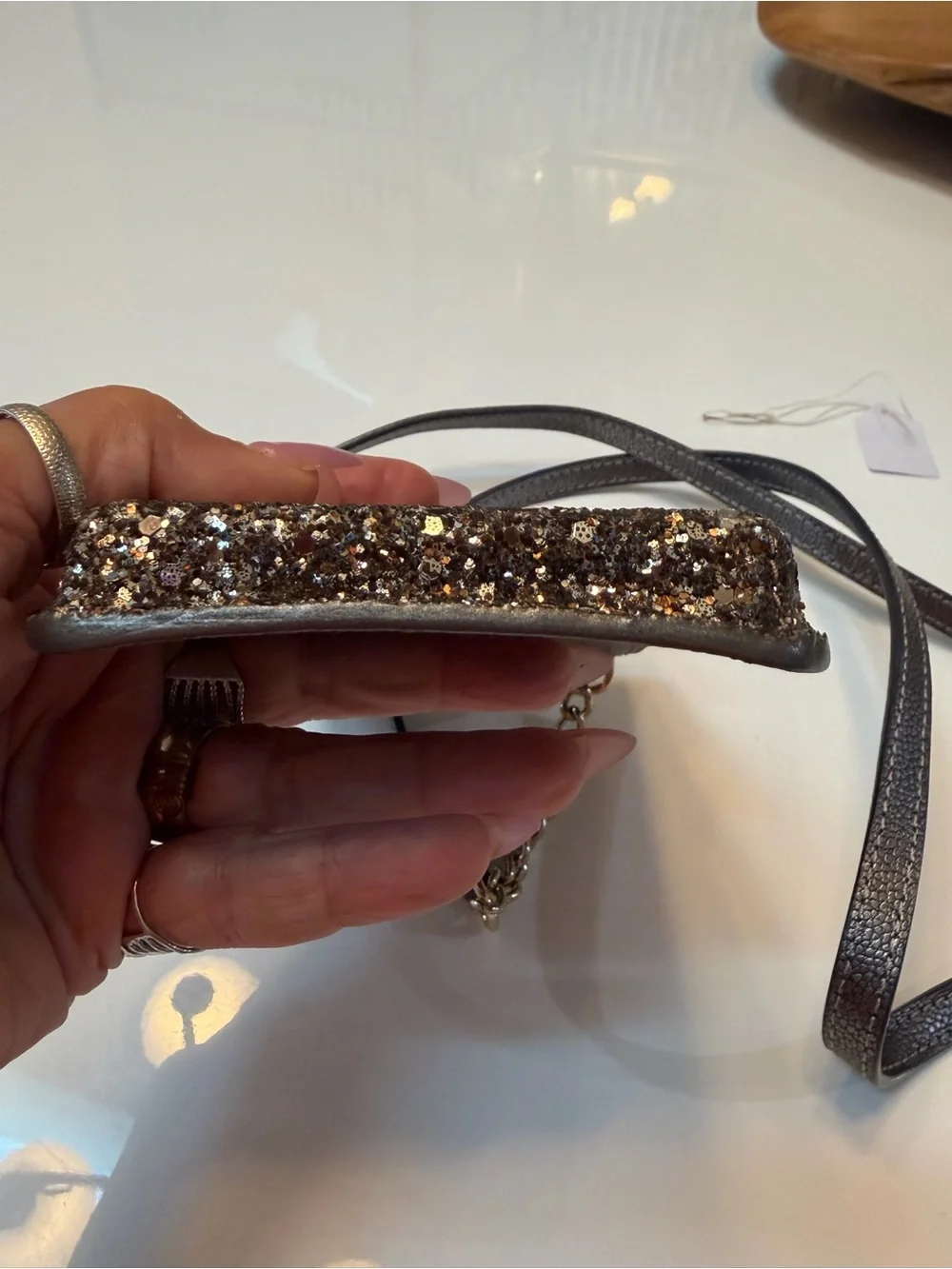 #792 kate spade Metallic Charcoal Pebbled Leather Phone Pouch with Glitter Trim
